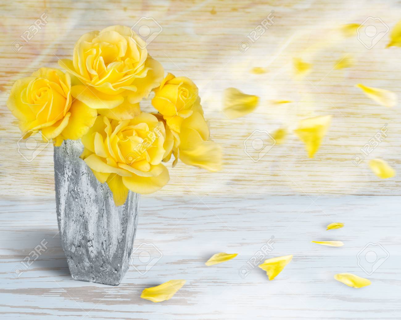 Beautiful Yellow Roses In A Stone Vase Against A Soft Blue And