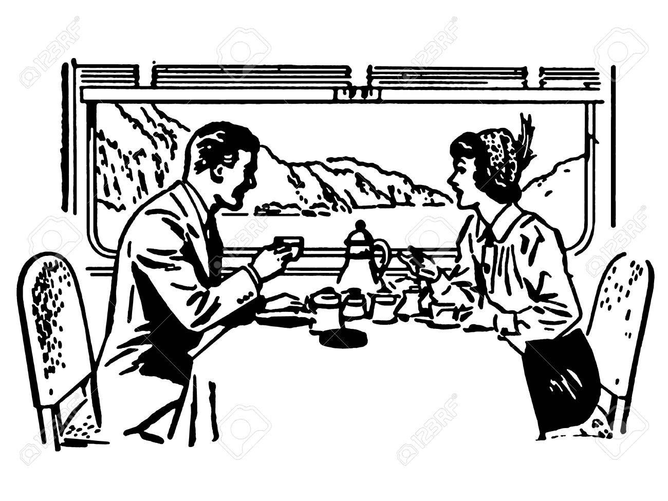 A Black And White Version Of A Vintage Illustration Of A Couple Dining In A  Train Restaurant Stock Photo, Picture and Royalty Free Image. Image  14918291., image size:1300x975