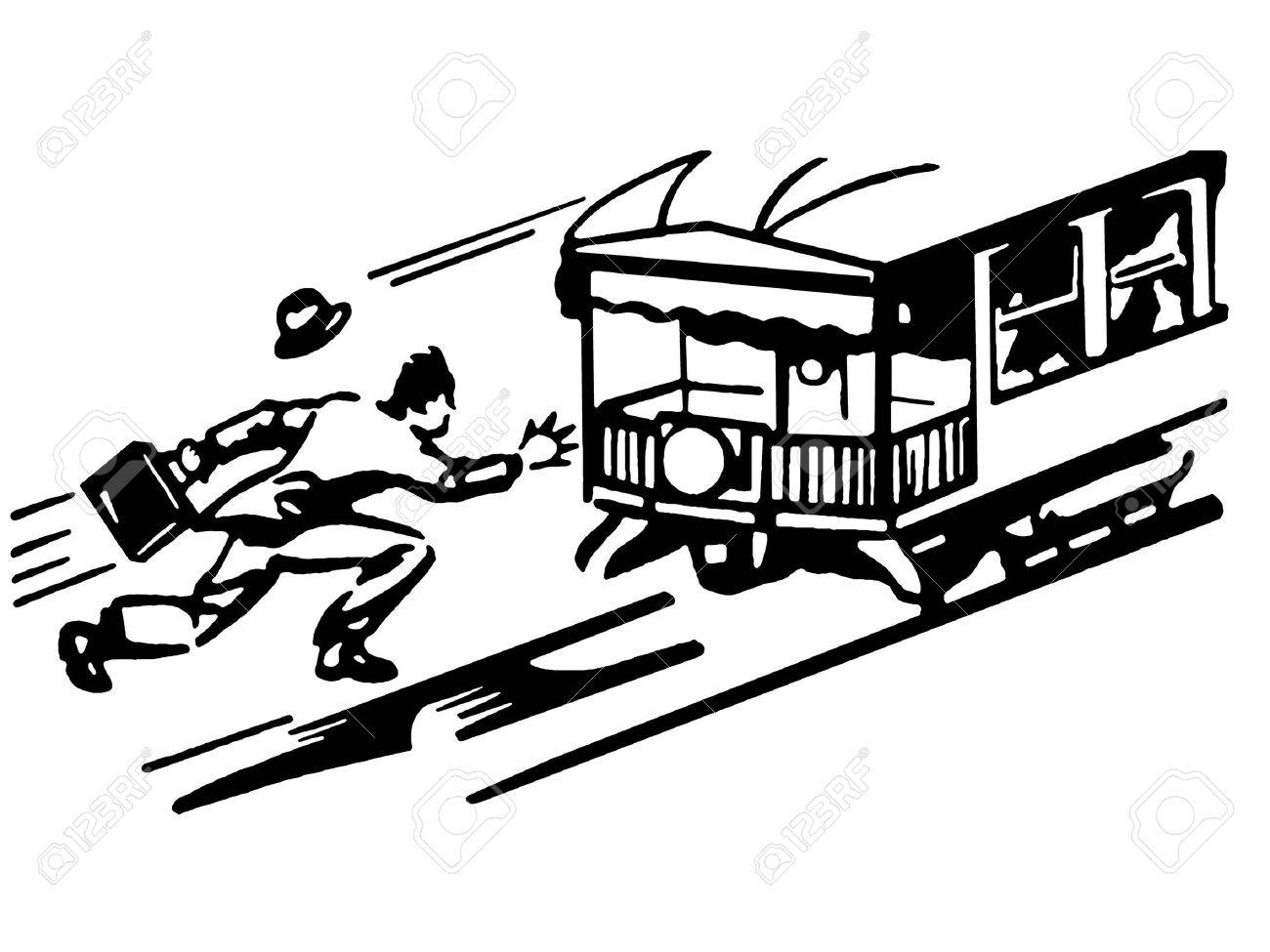 路面電車を実行している男のヴィンテージのイラストの黒と白のバージョン