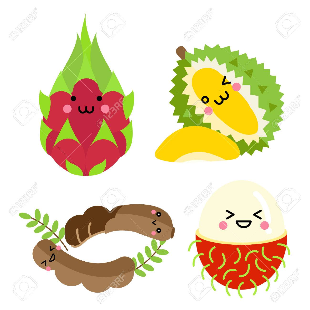 かわいいフルーツのセットです ドラゴン フルーツ ドリアン タマリンド 白い背景の変な顔とランブータン のイラスト素材 ベクタ Image