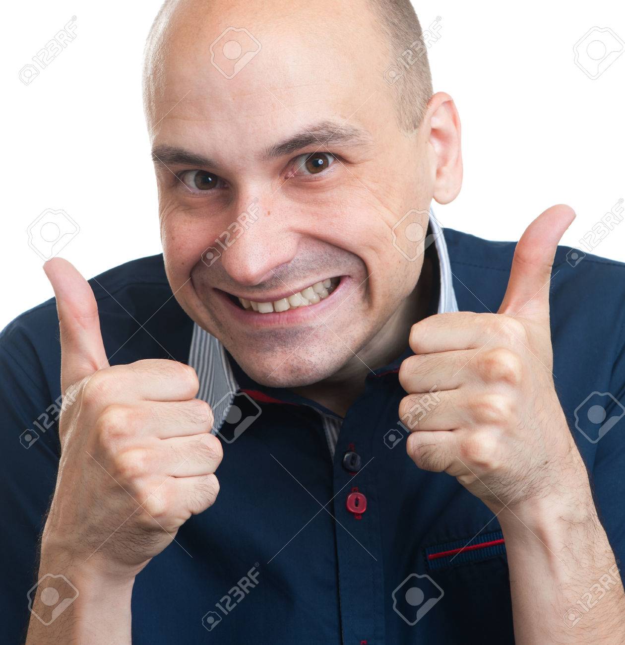 Schliessen Seine Daumen Portrat Lustig Glatzkopf Up Gestikuliert Up Lizenzfreie Fotos Bilder Und Stock Fotografie Image 66275906