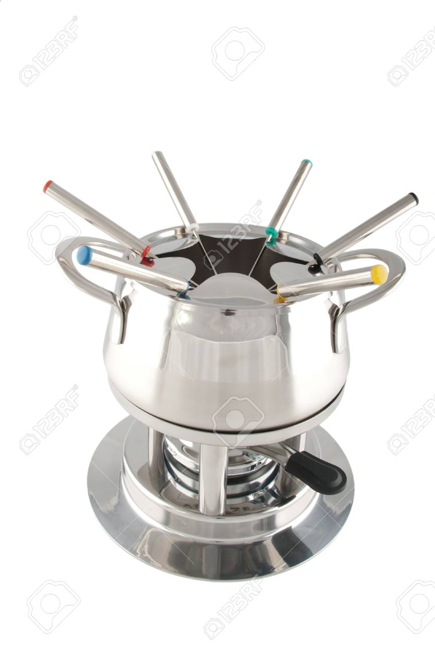 fondue maker on a trivet isolated on white stock photo picture and