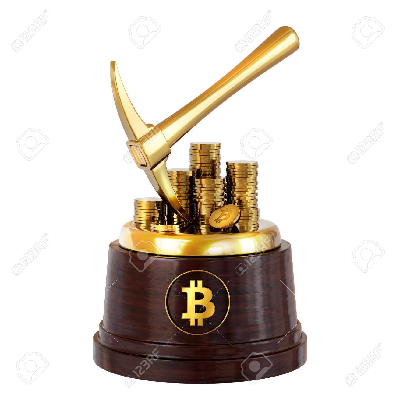 스탠드의 트로피 - 골드가 비트 코인을 선택합니다. 흰색 배경에 고립. 3 차원 렌더링 로열티 무료 사진, 그림, 이미지 그리고  스톡포토그래피. Image 84335206