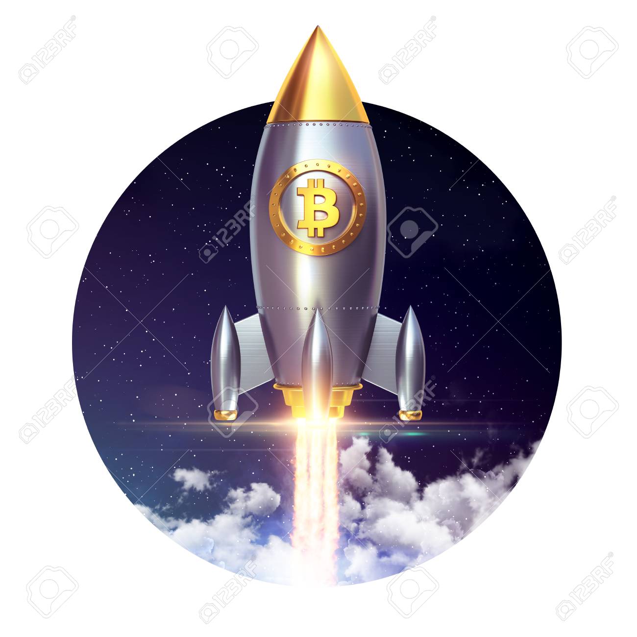 Bitcoin Rocket Launcher, Cryptocurrency Concept. The Growth Rate Of The  Gold Coin For Designers And Breaking News. Gold Piece Appreciation In The  Form. 3d Render Stock Photo, Picture and Royalty Free Image.