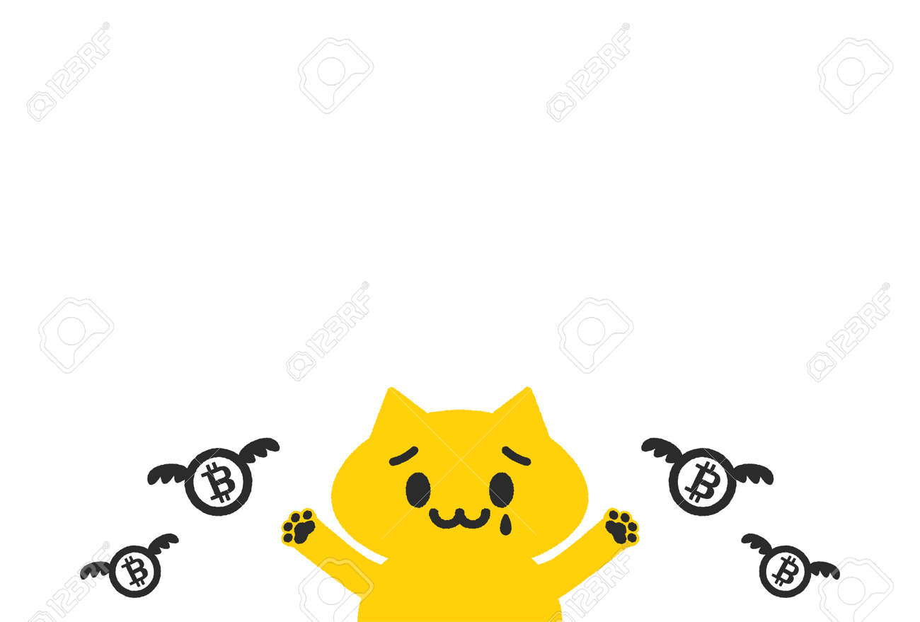 날아가는 비트코인 이미지와 함께 우는 귀여운 고양이, 세계 최대 암호화폐 비트코인 가격 급락 로열티 무료 사진, 그림, 이미지 그리고  스톡포토그래피. Image 173194602