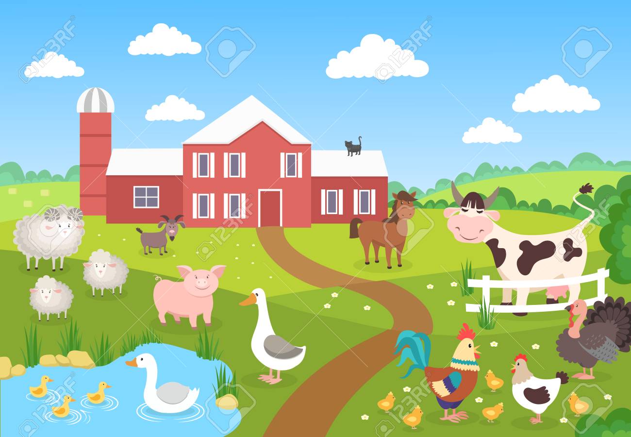 farm animals with landscape horse pig duck chickens sheep cartoon farm animals book