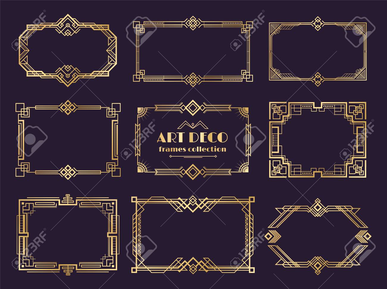Art deco borders set. Golden 1920s frames, nouveau luxury geometric..