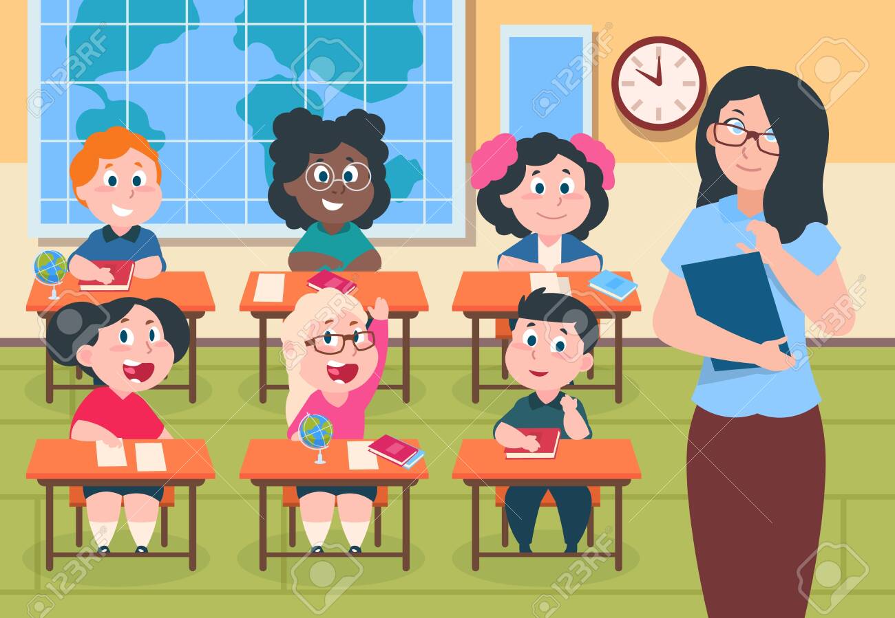 Niños En El Aula. Maestros Y Alumnos En La Escuela Primaria, Lindos Dibujos  Animados Niños Y Niñas Felices Personajes Estudiando. Vector Niños  Levantando Las Manos Ilustraciones svg, vectoriales, clip art vectorizado  libre