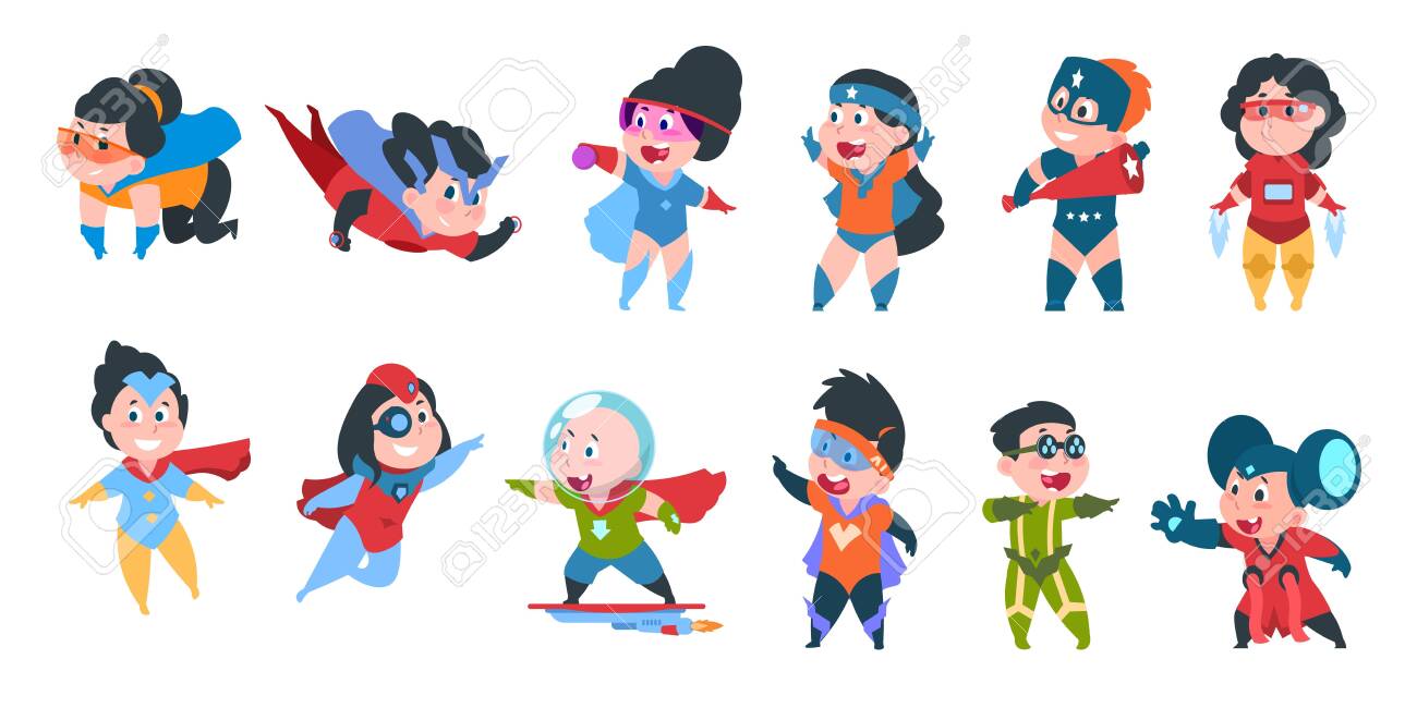 Superhero kids. Boys and girls in comic superhero costumes for..