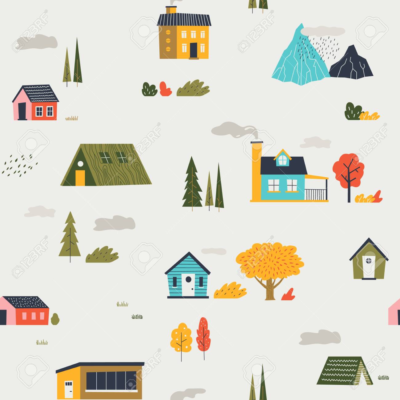 Cute Houses Pattern Funny Cartoon Kids Seamless Texture With