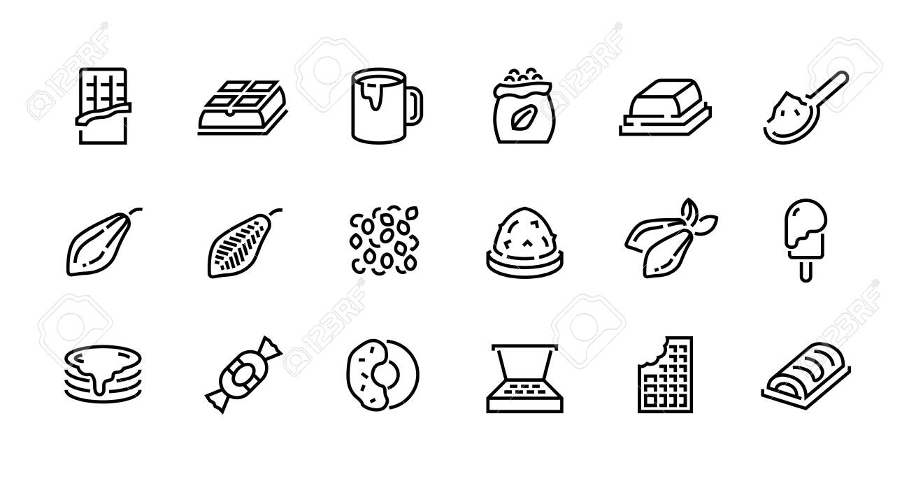 초콜릿 라인 아이콘입니다. 코코아 꼬투리 콩과 팩, 초콜릿 캔디 바 토핑 및 뜨거운 음료. 벡터 카카오 픽토그램은 흰색에 유기농 과자  기호를 설정합니다. 로열티 무료 사진, 그림, 이미지 그리고 스톡포토그래피. Image 137874212