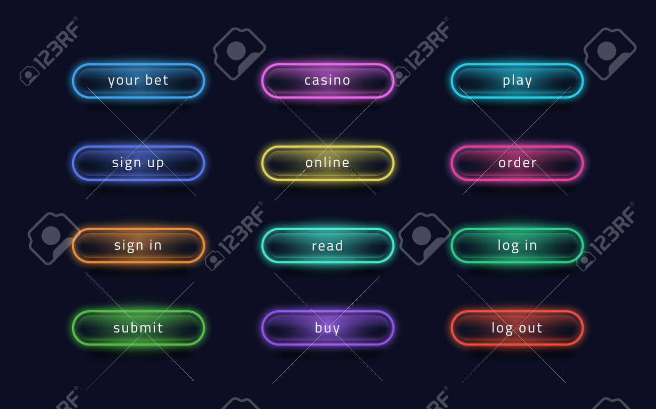 Light buttons. Glowing neon UI elements for online casino and dark web application. Vector image bright banner signs play, read and buy interaction design symbol - 155392103 Light buttons. Glowing neon UI elements for online casino and dark web application. Vector image bright banner signs play, read and buy interaction design symbol - 155392103