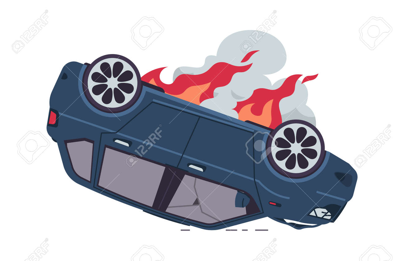 Burning Car. Cartoon Auto Accident, An Inverted Car With Fire. The Damaged  Vehicle, Broken Windows, And Dark Smoke. Tow Truck Advertising, Road Traffic  Poster. Клипарты, SVG, векторы, и Набор Иллюстраций Без Оплаты
