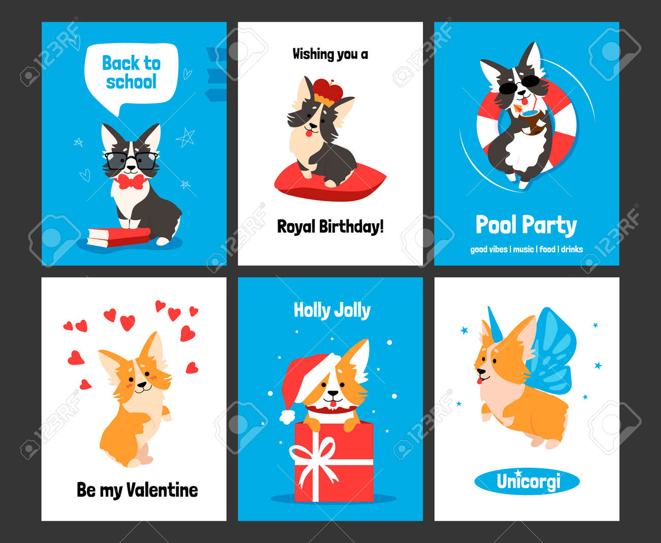 Corgi greeting card. Posters and invitations with cute puppy, cartoon dog characters on banners. Smiling animals with comic emotions, funny celebration text and holidays wishes. Vector postcards set - 157736470 Corgi greeting card. Posters and invitations with cute puppy, cartoon dog characters on banners. Smiling animals with comic emotions, funny celebration text and holidays wishes. Vector postcards set - 157736470