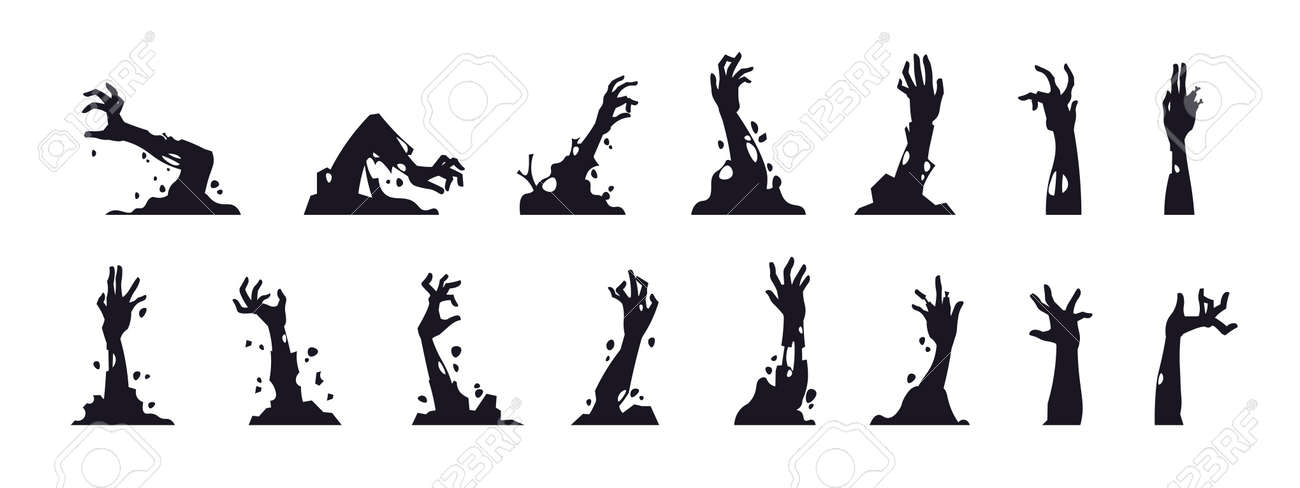 Silhuetas de mão zumbi. braços de monstro assustadores pretos de sepulturas para cartazes de halloween. cadáveres de desenhos animados apodrecendo o conjunto de membros. elementos do apocalipse mortos-vivos. decoração de feriado de outubro de vetor - 174611149 Silhuetas de mão zumbi. braços de monstro assustadores pretos de sepulturas para cartazes de halloween. cadáveres de desenhos animados apodrecendo o conjunto de membros. elementos do apocalipse mortos-vivos. decoração de feriado de outubro de vetor - 174611149