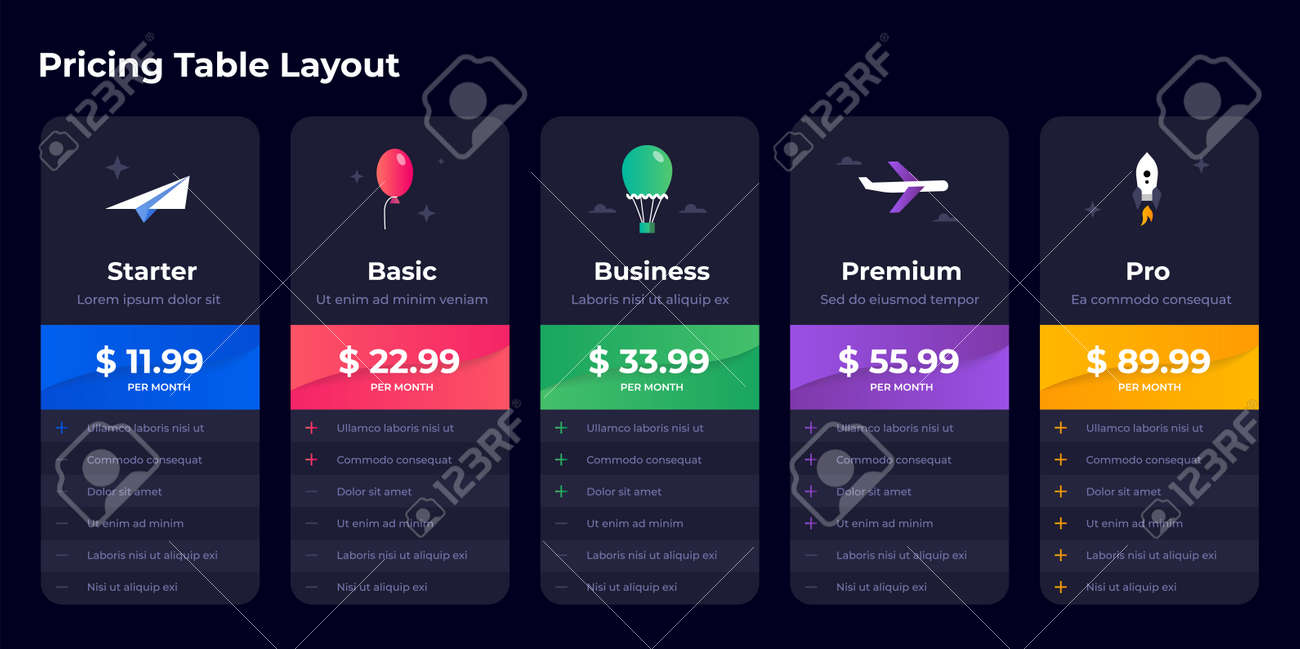 価格比較。スプレッドシートはチャートのレイアウトを比較します。機能チェックリスト付きのサブスクリプションプラン。製品比較表。サービス料金黒のインフォグラフィック。ベクタービジネスの価格グリッドのイラスト素材・ベクター  Image 177298110