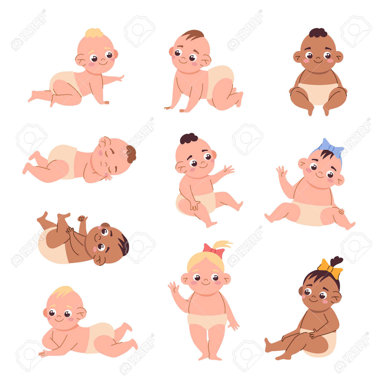 Bebê bonito. meninos e meninas recém-nascidos dos desenhos animados em fraldas. crianças dormindo ou brincando. bebês felizes com rostos e cabelos. idade humana. crianças sentadas e rastejando. conjunto de poses de crianças vetoriais - 186682850 Bebê bonito. meninos e meninas recém-nascidos dos desenhos animados em fraldas. crianças dormindo ou brincando. bebês felizes com rostos e cabelos. idade humana. crianças sentadas e rastejando. conjunto de poses de crianças vetoriais - 186682850