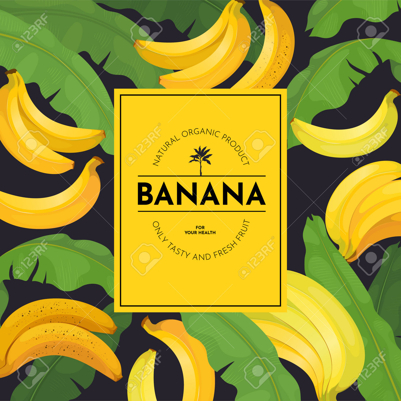 Banana snack poster, kopieer ruimte voor tekst achtergrond. retro bio geel vers voedsel in schil en groene palm bladeren, vintage design stijl. sap of cocktail label. vector banner illustratie - 191498834 Banana snack poster, kopieer ruimte voor tekst achtergrond. retro bio geel vers voedsel in schil en groene palm bladeren, vintage design stijl. sap of cocktail label. vector banner illustratie - 191498834