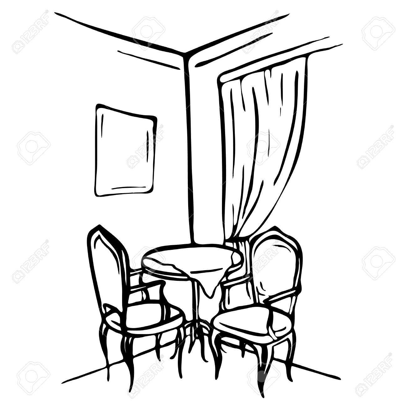 Hand Gezeichnete Skizze. Esszimmerinnenraum. Tisch Und Hand Gezeichnete Skizze. Esszimmerinnenraum. Tisch Und