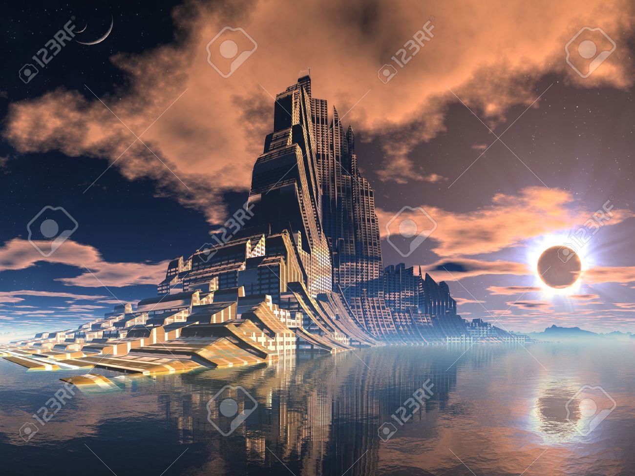 Futuristic Alien City At Lunar Eclipse Stock Photo, Picture And Royalty  Free Image. Image 10480250.
