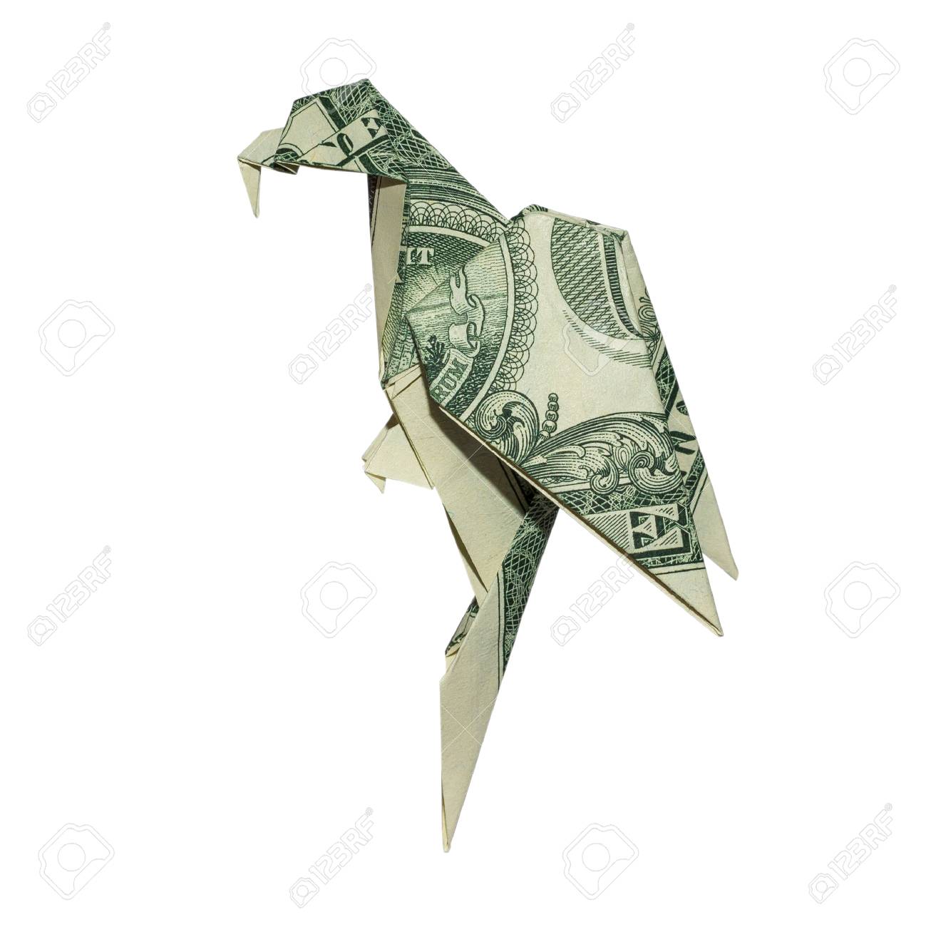 Money Origami Parrot Folded With Real One Dollar Bill Isolated