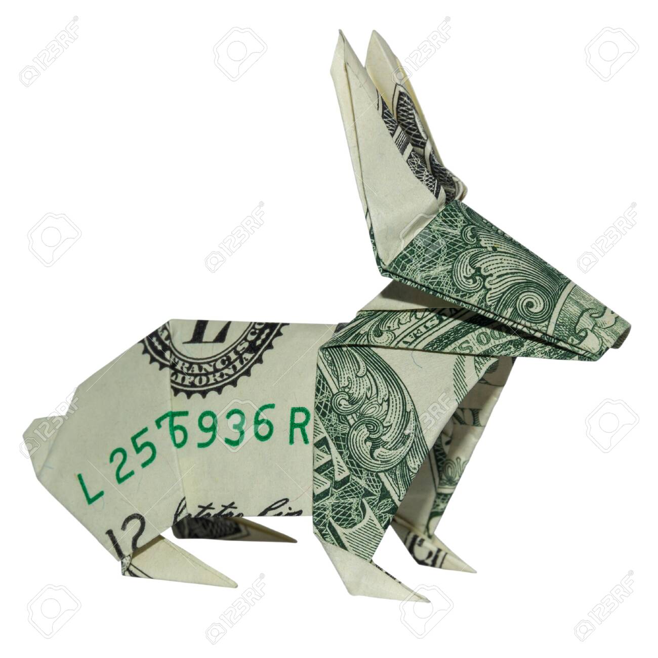Money RABBIT Origami Easter Bunny Folded Hare Real One Dollar Bill Isolated  On White Background Stock Photo, Picture and Royalty Free Image. Image  126190787., image size:1300x1300