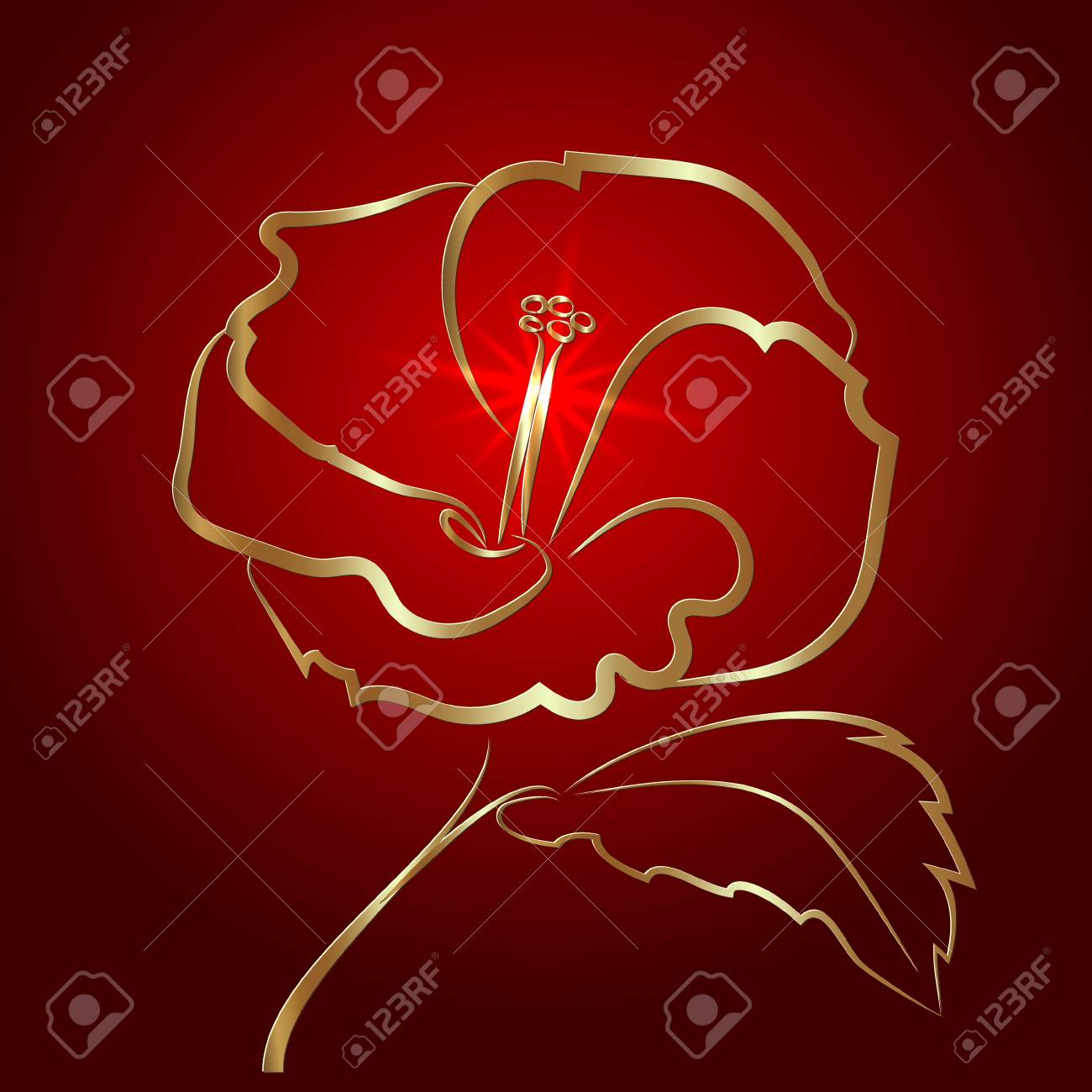 赤にハイビスカスの花スケッチゴールドのイラスト素材 ベクタ Image