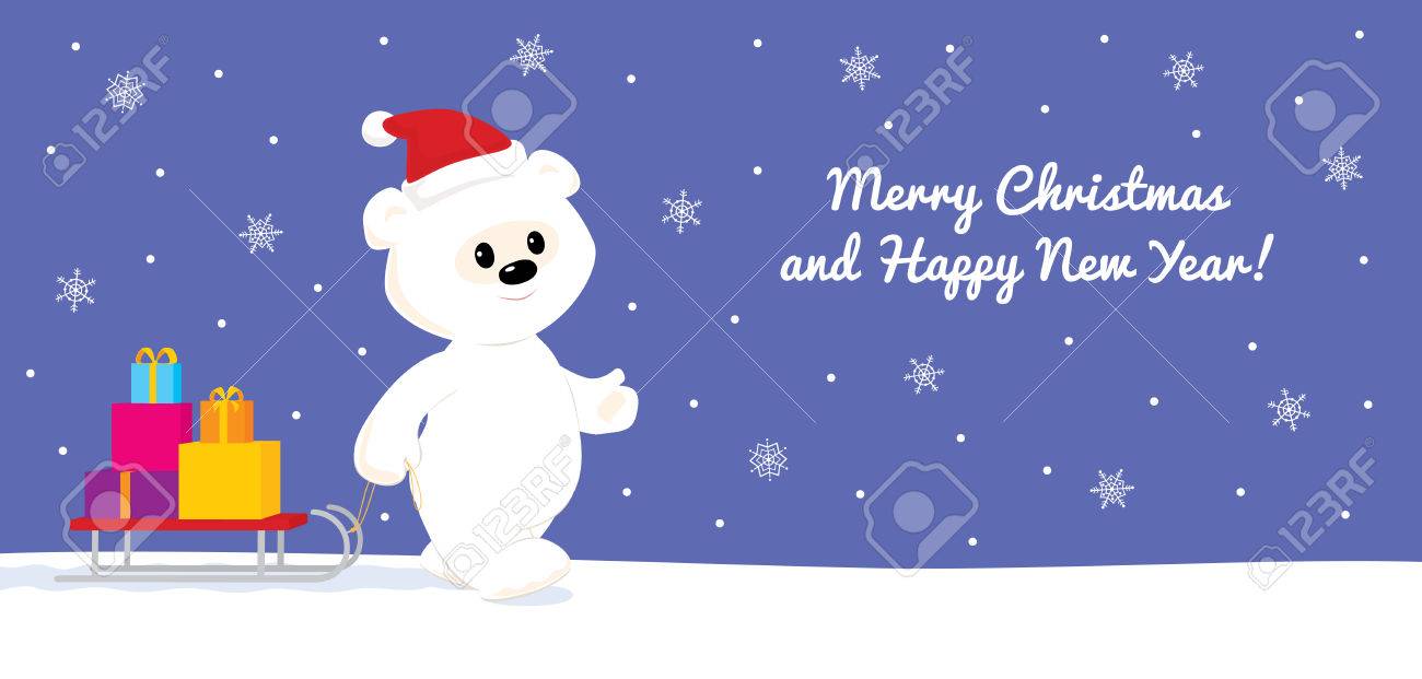 雪の上を歩くと そりにプレゼントを運ぶかわいい漫画赤ちゃんシロクマ柄のカラフルなベクトル イラスト 白い雪と青い背景 メリー クリスマスと幸せな新年を本文とグリーティング カードをデザインします 横長の形式です のイラスト素材 ベクタ Image