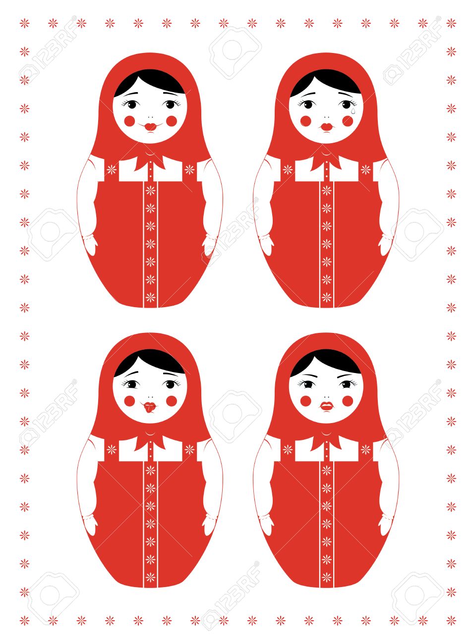 ロシアの入れ子人形マトリョーシカのイラスト 4 種類の表情 モックと怒って 泣いて 笑って 3 つの色でシンプルなデザイン のイラスト素材 ベクタ Image