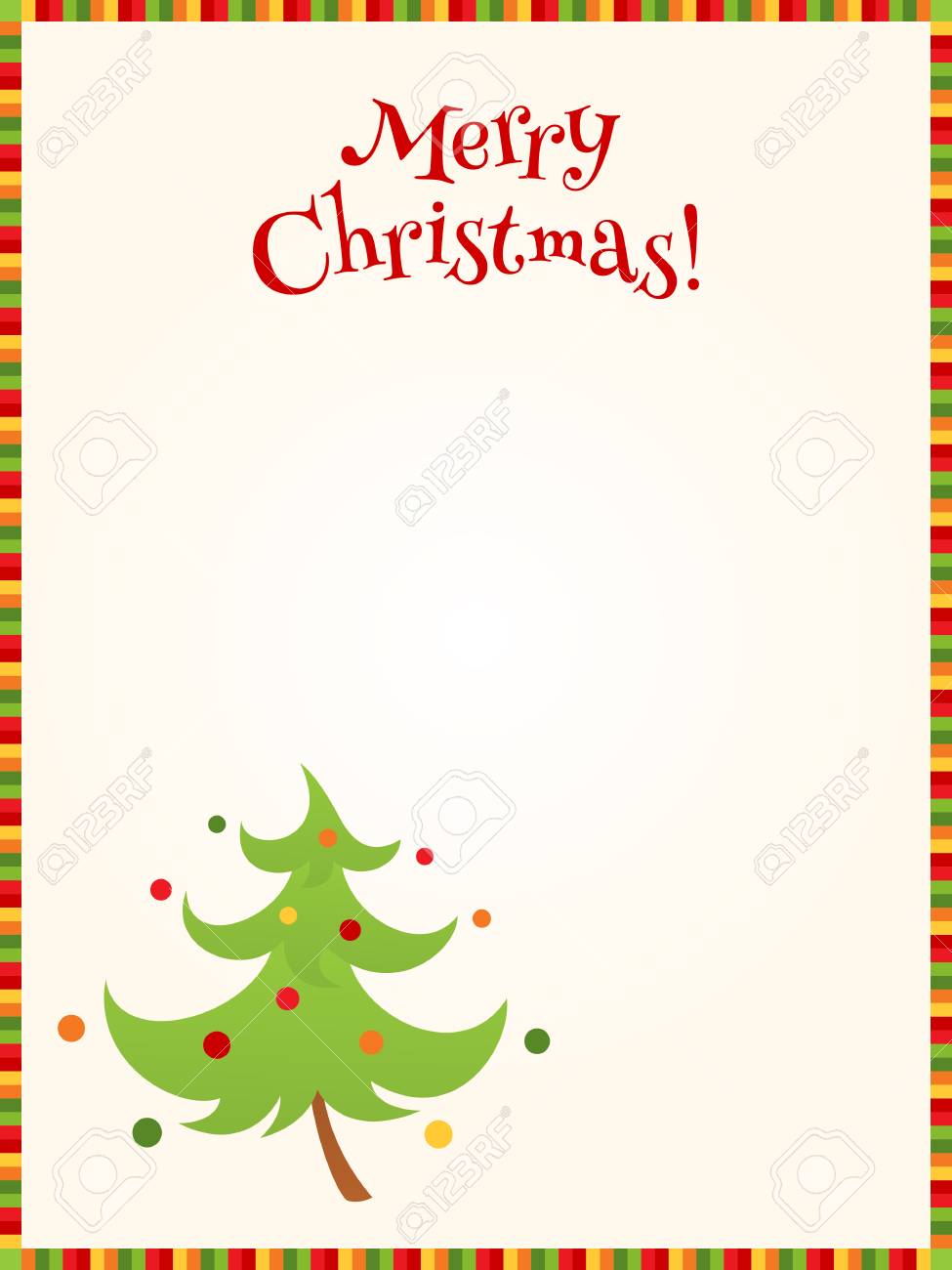 Vecteur Lumineux Fond De Noel Avec Bordure Rayee Coloree Texte De Voeux Et Illustration D Un Sapin Decore Place Pour Le Texte Format Vertical Clip Art Libres De Droits Vecteurs Et Illustration