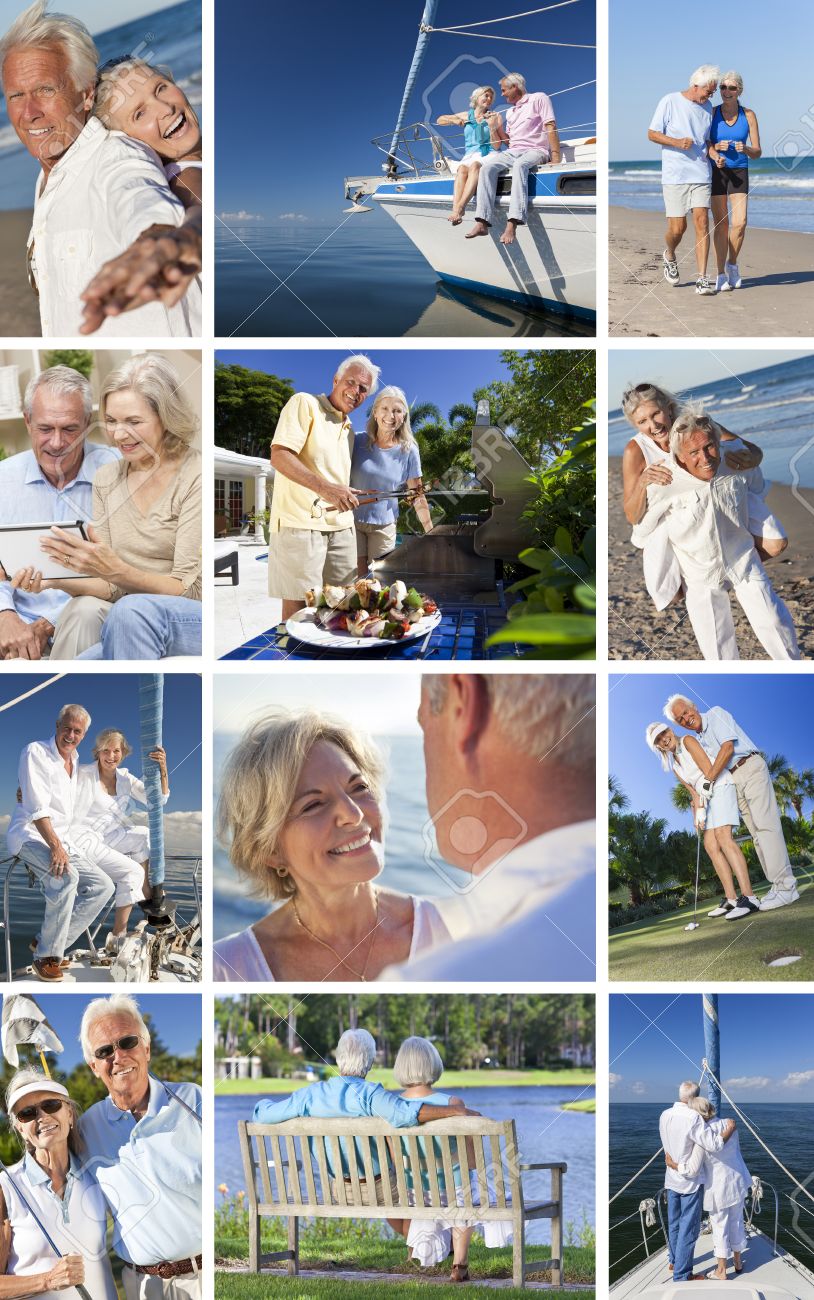 Montage De Vieux Couples Heureux Homme Femme Supérieurs Bénéficiant Vie Active Retraite Sur La Plage Le Jardinage Le Golf Et La Voile Sur Le Bateau