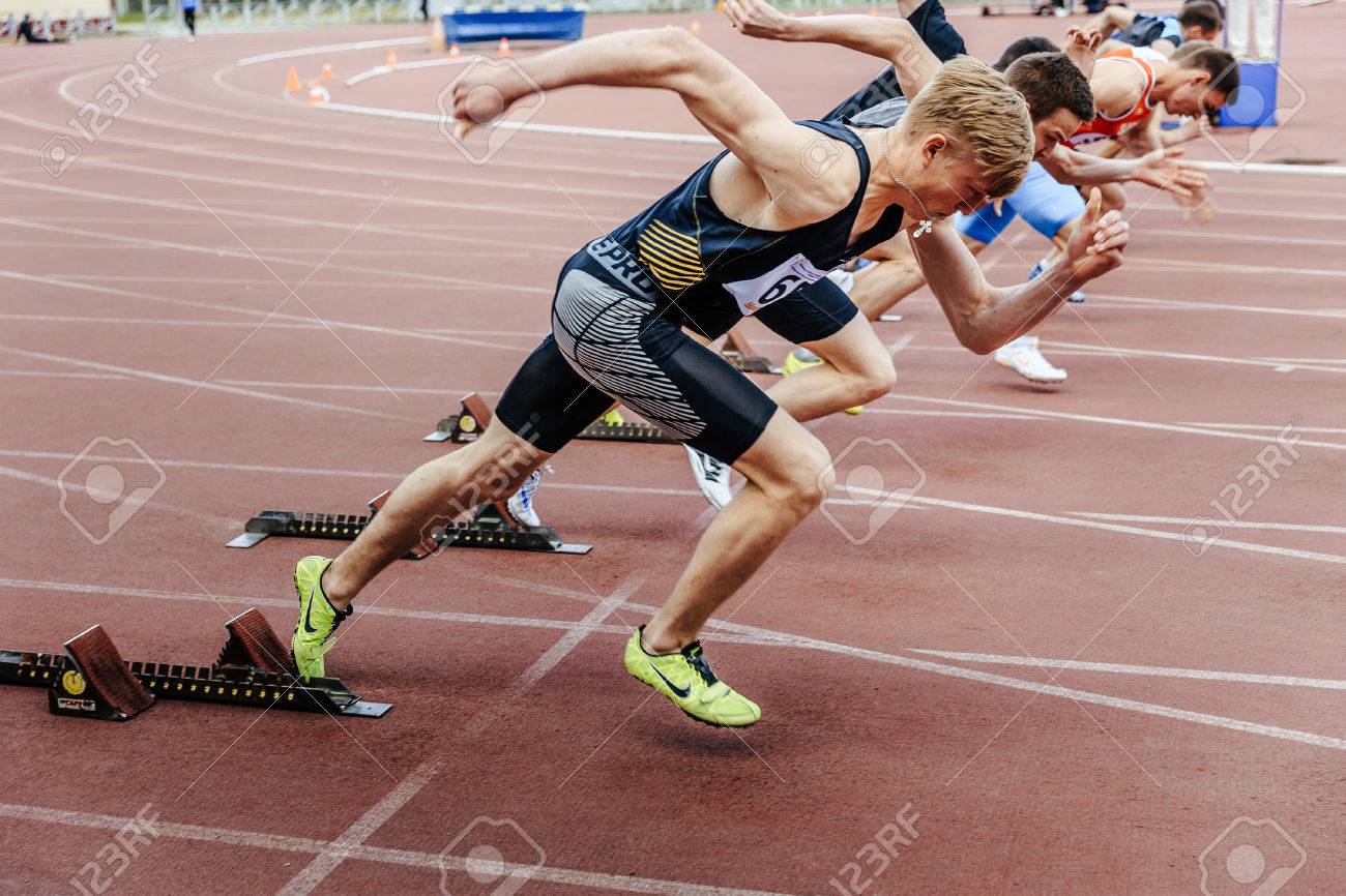 Chelyabinsk, Russia - June 4, 2017: start sprinters runners men running 100 meters during UrFO Championship in athletics - 81750319 Chelyabinsk, Russia - June 4, 2017: start sprinters runners men running 100 meters during UrFO Championship in athletics - 81750319