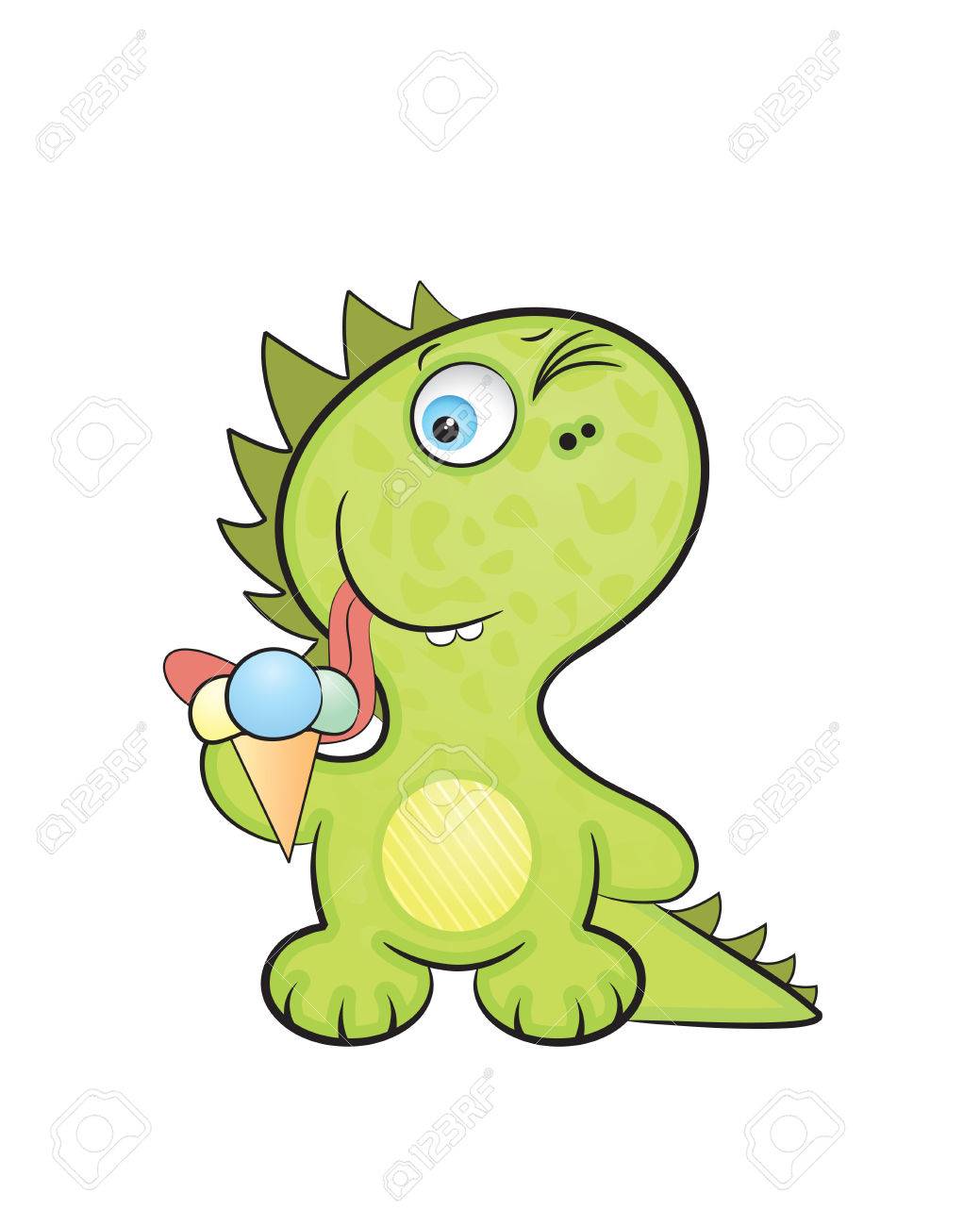 Cute cartoon style, the baby a dragon tries ice-cream. - 4614610 Cute cartoon style, the baby a dragon tries ice-cream. - 4614610