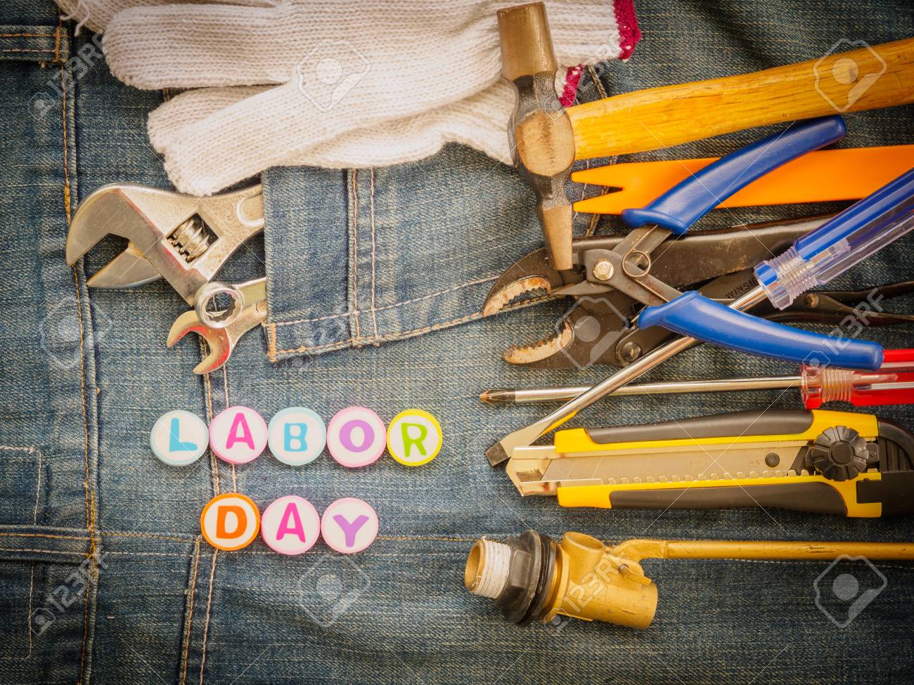 Labor Day Background Concept Jeans Many Handy Tools With Labor Stock Photo Picture And Royalty Free Image Image