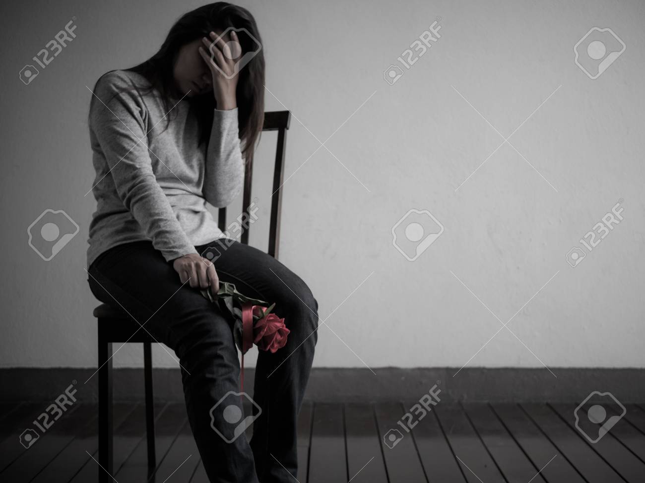 Depressed Broken Hearted Woman Sitting And Crying With Red Rose Alone In  Dark Room At Home. Lonly , Sad, LOVE And Valentines Day Concept. Stock  Photo, Picture and Royalty Free Image. Image 95859897., image size:1300x974