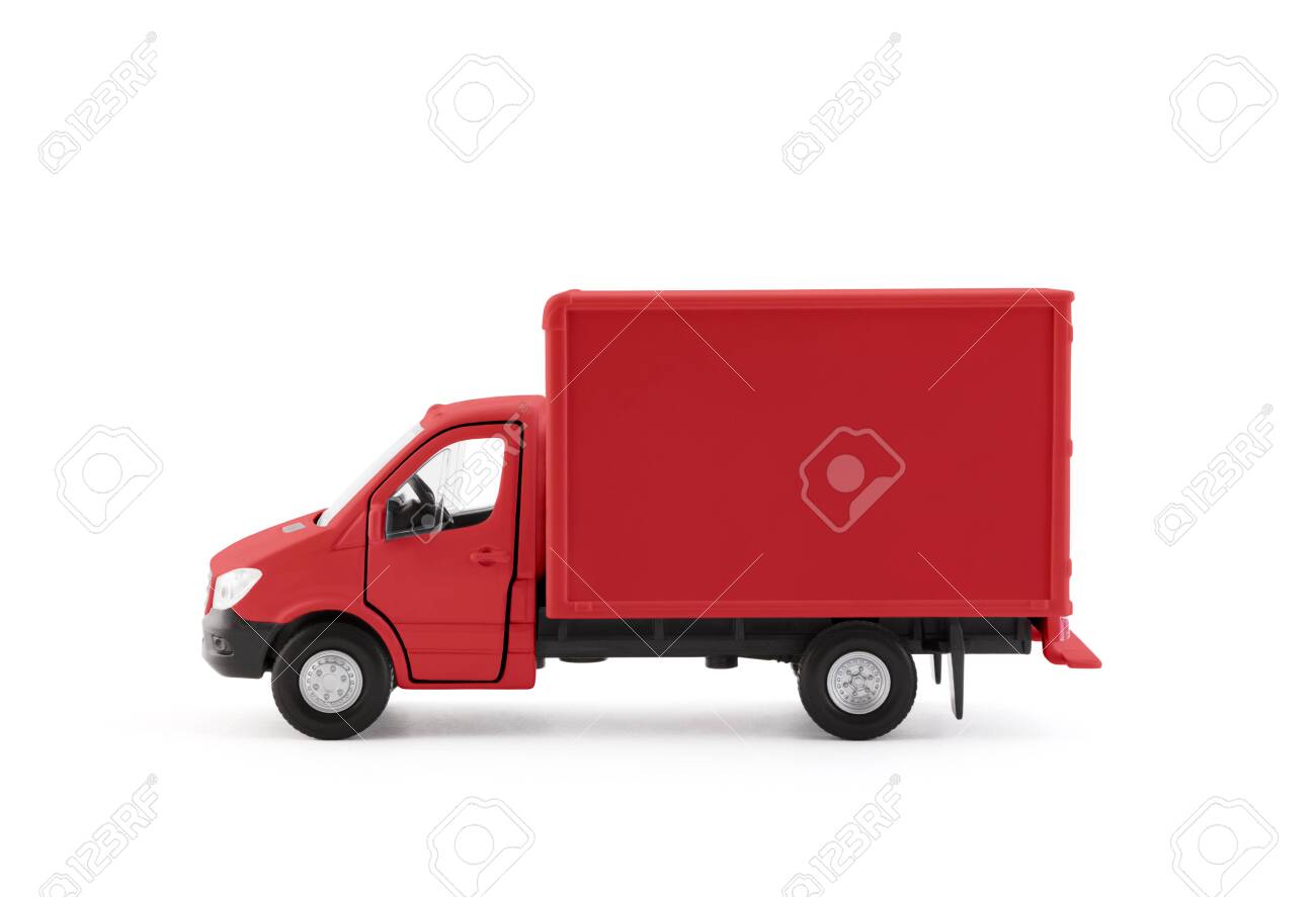 Red cargo delivery truck side view on white background - 144070098 Red cargo delivery truck side view on white background - 144070098