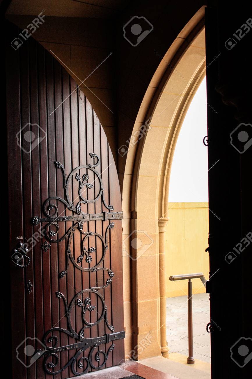 Decorative Wooden Arched Church Door Open To Stairway Stock Photo, Picture  and Royalty Free Image. Image 62635826., image size:866x1300