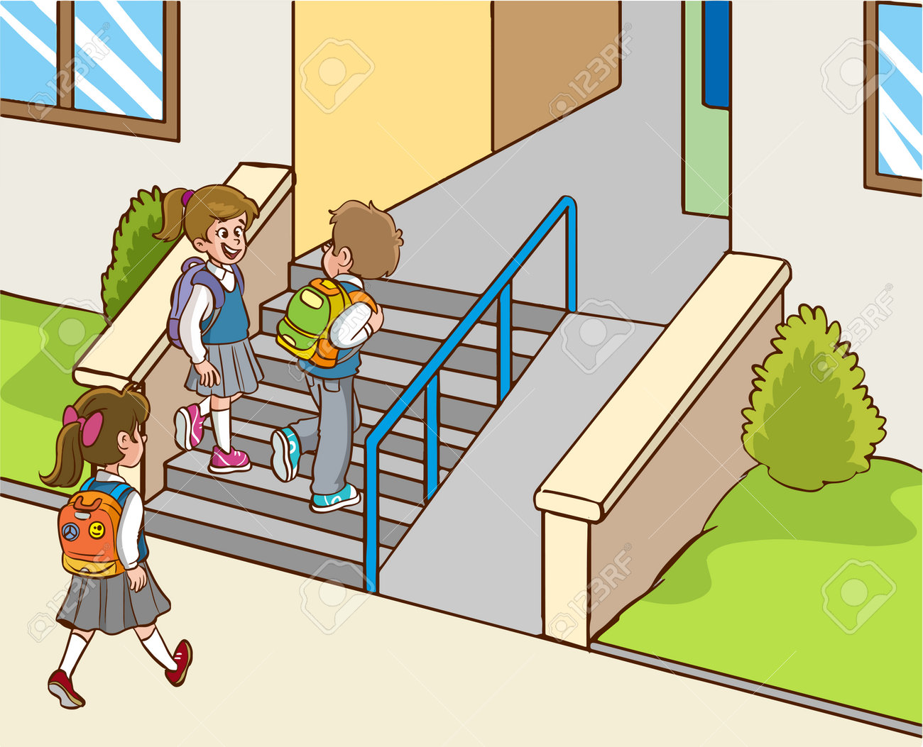 Vector Illustration Of School Kids Going Up The Stairs In A School Building  Royalty Free SVG, Cliparts, Vectors, and Stock Illustration. Image  203985028., image size:1300x1053