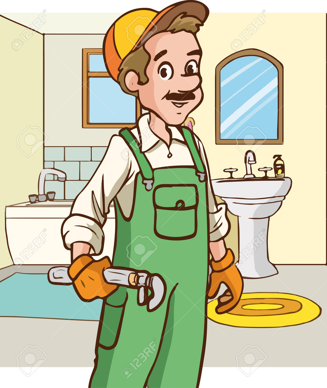 Plumber In The Bathroom. Vector Illustration Of A Cartoon Character.  免版税剪贴画，向量插图和库存图片. Image 202474033