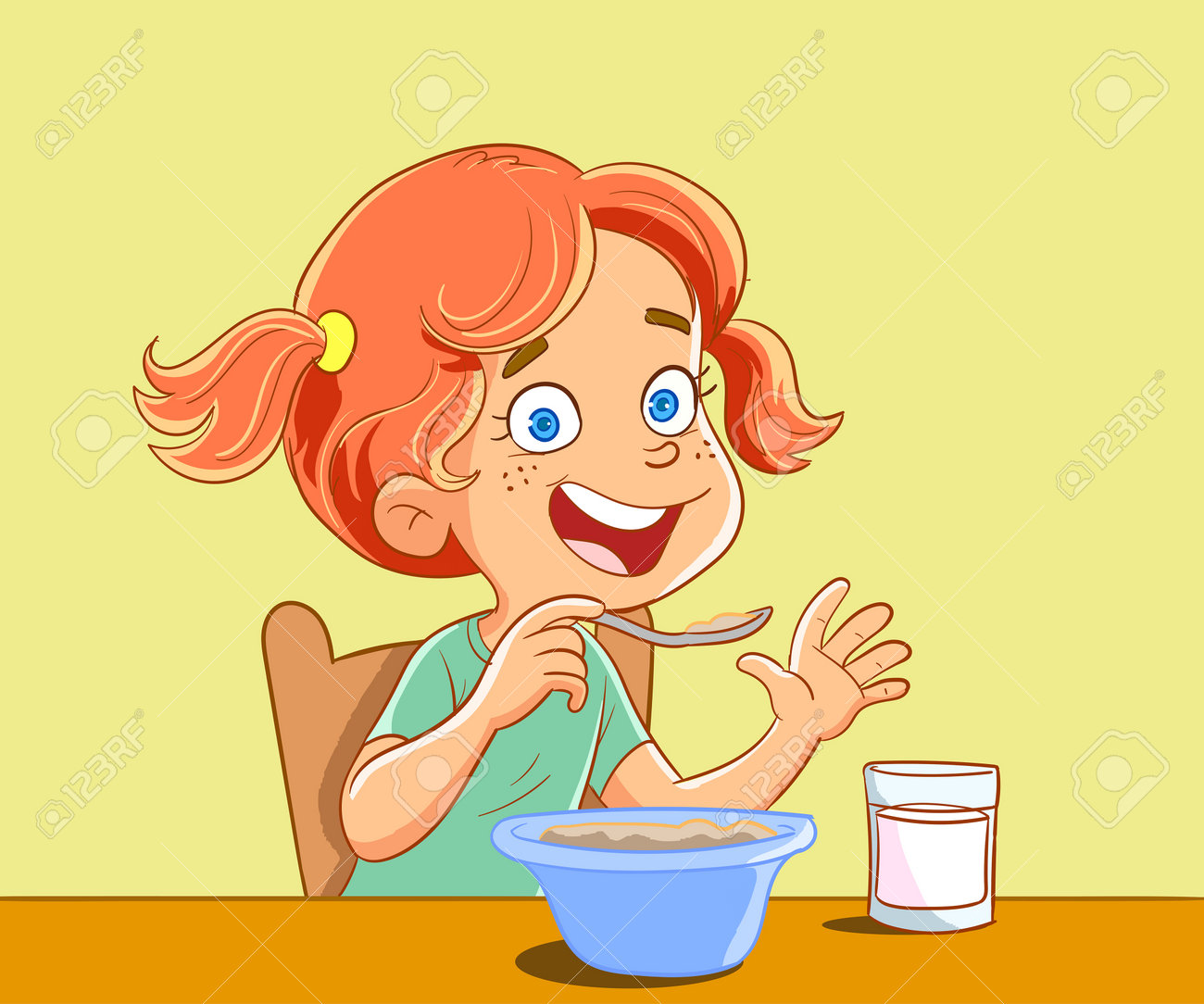 Little Girl Eating Cereals With Milk. Vector Illustration Of Cartoon  Character. Royalty Free SVG, Cliparts, Vectors, and Stock Illustration.  Image 202474007., image size:1300x1084