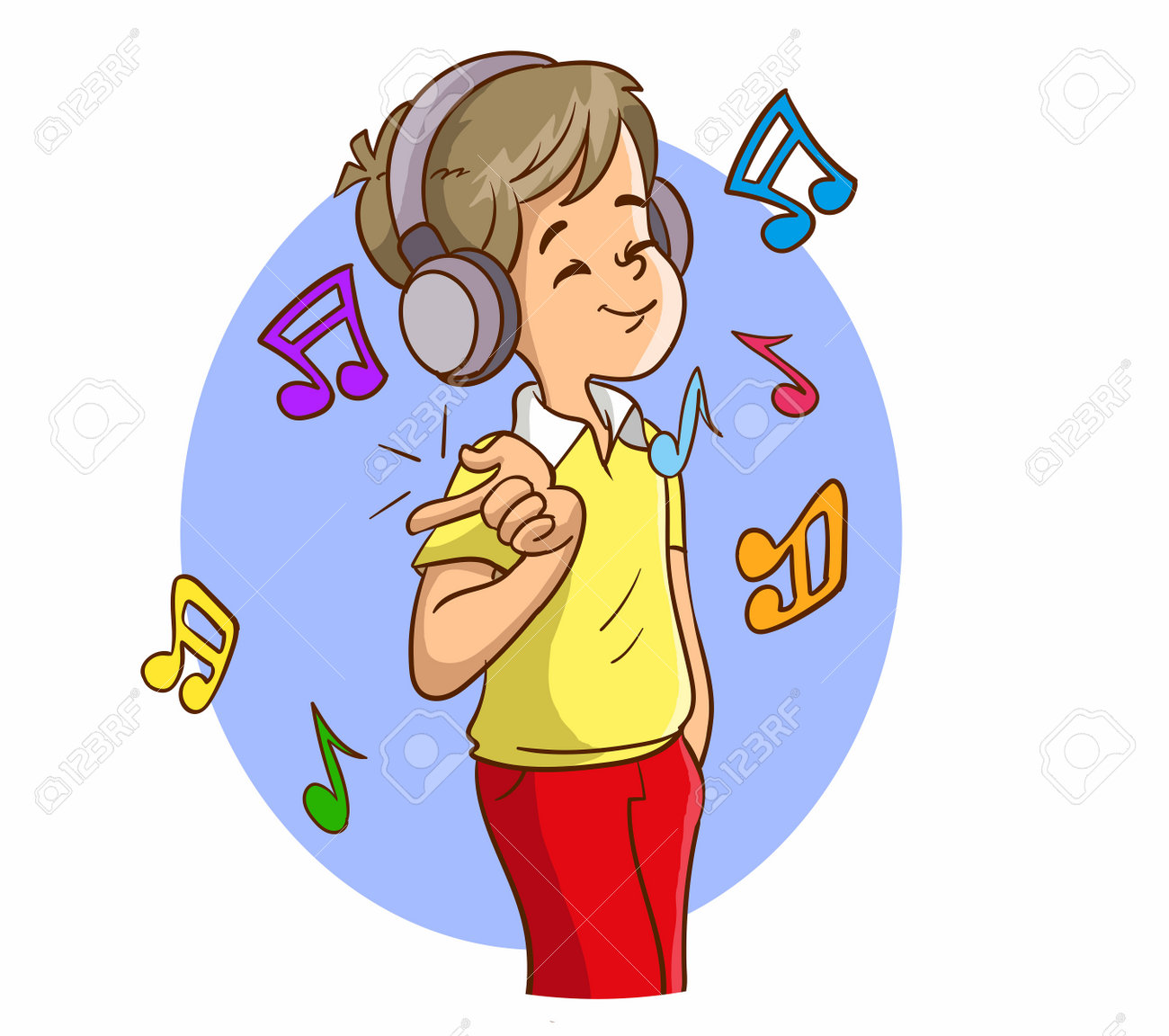 Vector Illustration Of A Boy Listening To Music With Headphones And Notes.  Royalty Free SVG, Cliparts, Vectors, and Stock Illustration. Image  202044332., image size:1300x1152