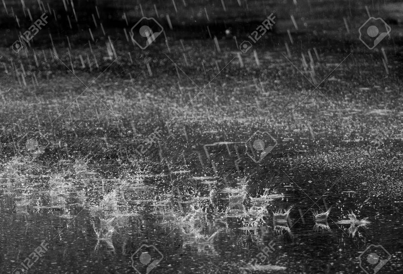 Rain drop splash on asphalt road in the rainy season black and