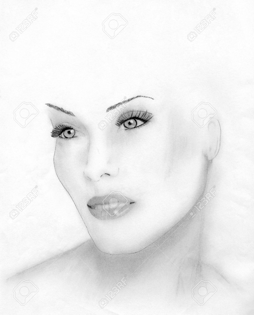 美しい女性の顔の手描き鉛筆スケッチ の写真素材 画像素材 Image