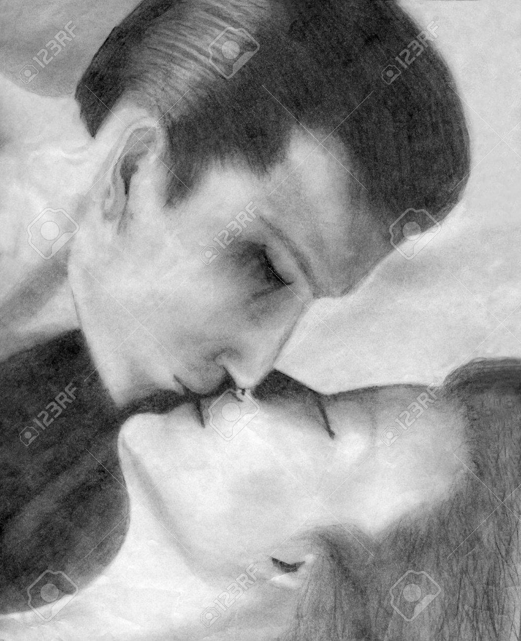 Hand Drawn Pencil Sketch Of Manand Woman Kissing Stock Photo