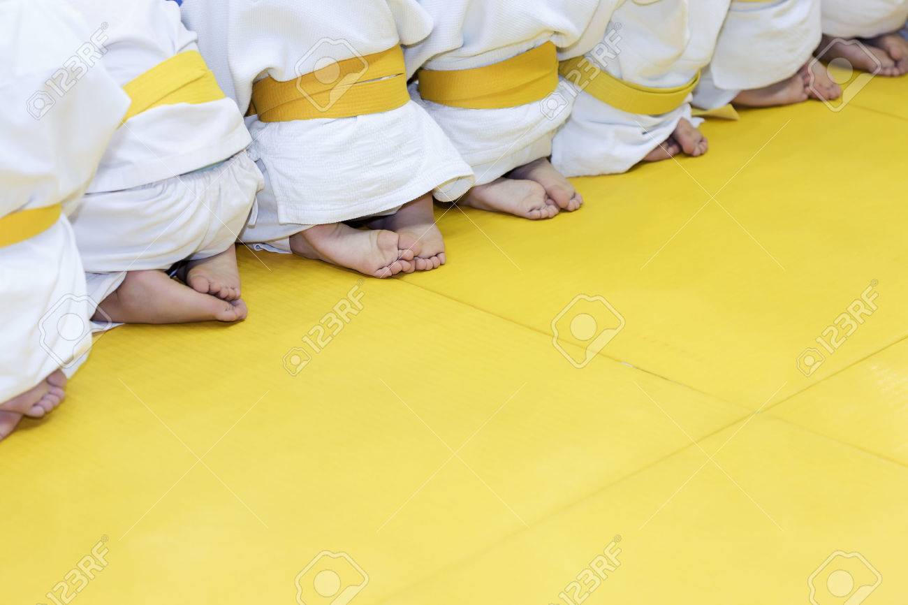 Group of children in kimono sitting on tatami on martial arts training seminar. Selective focus - 59881192 Group of children in kimono sitting on tatami on martial arts training seminar. Selective focus - 59881192