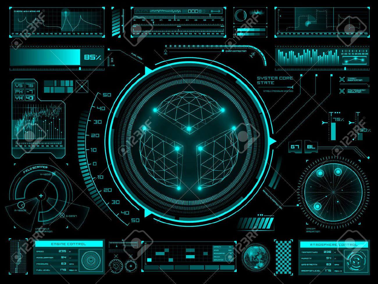 ダッシュ ボードまたはコントロール パネルの未来的なユーザー インターフェイス要素のセットのイラスト素材・ベクター Image 57443117
