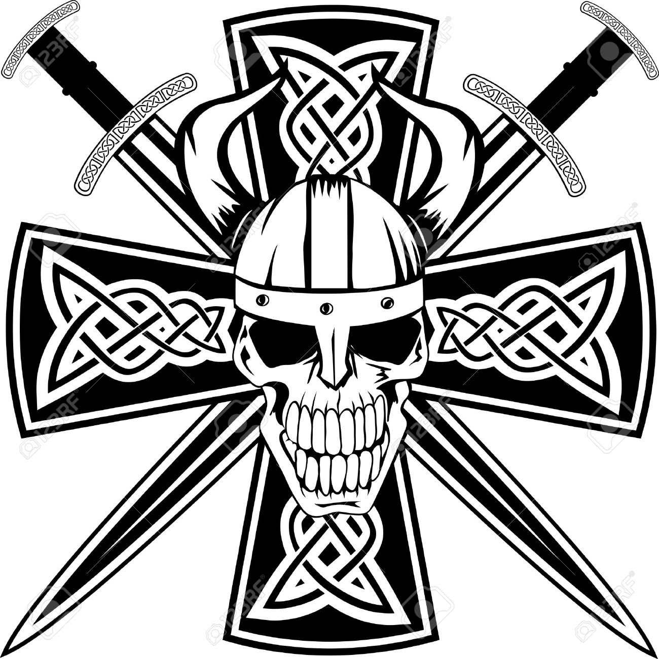 celtic cross with crossed swords and skull royalty free cliparts