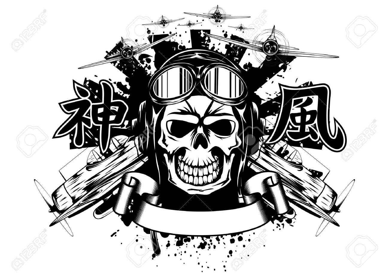 ヘルメットとガラス 平面 神風の象形文字で神風の頭蓋骨のベクトル イラストのイラスト素材 ベクタ Image