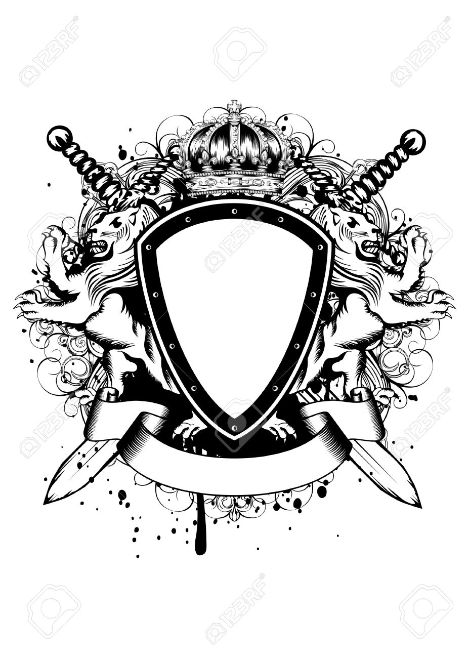 抽象的なフレーム飾り紋章のライオン 交差した剣の王冠のベクトル イラストのイラスト素材 ベクタ Image 26659921