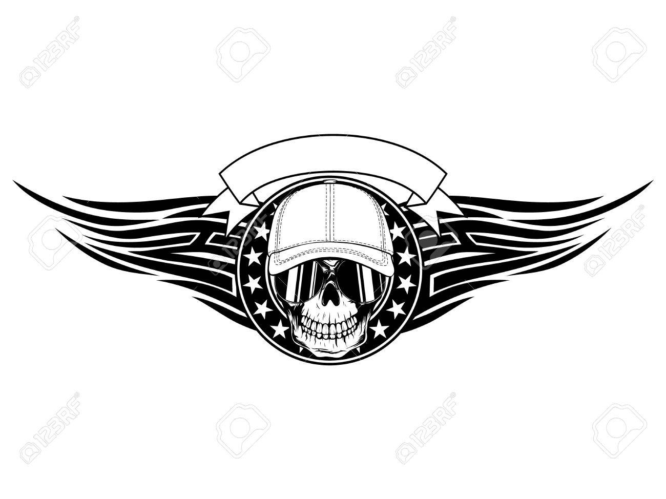 Abstract Vector Illustration Crâne Noir Et Blanc En Lunettes De Soleil Et Casquette De Baseball Sur Cadre Rond Avec Des étoiles Et Des Ailes Tribales